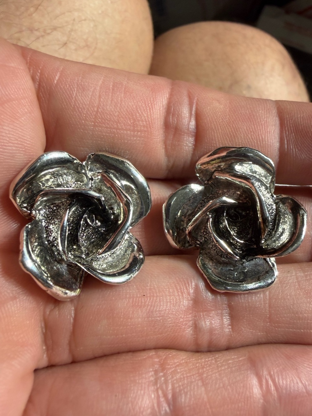 Vintage Silver Tone Rose Flower Earrings